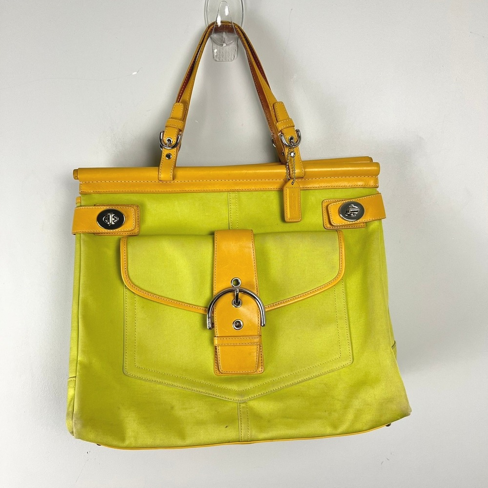 Coach Hamptons Weekend Tote Bag Lime Green Yellow Leather 9367 Y2k Dopamine